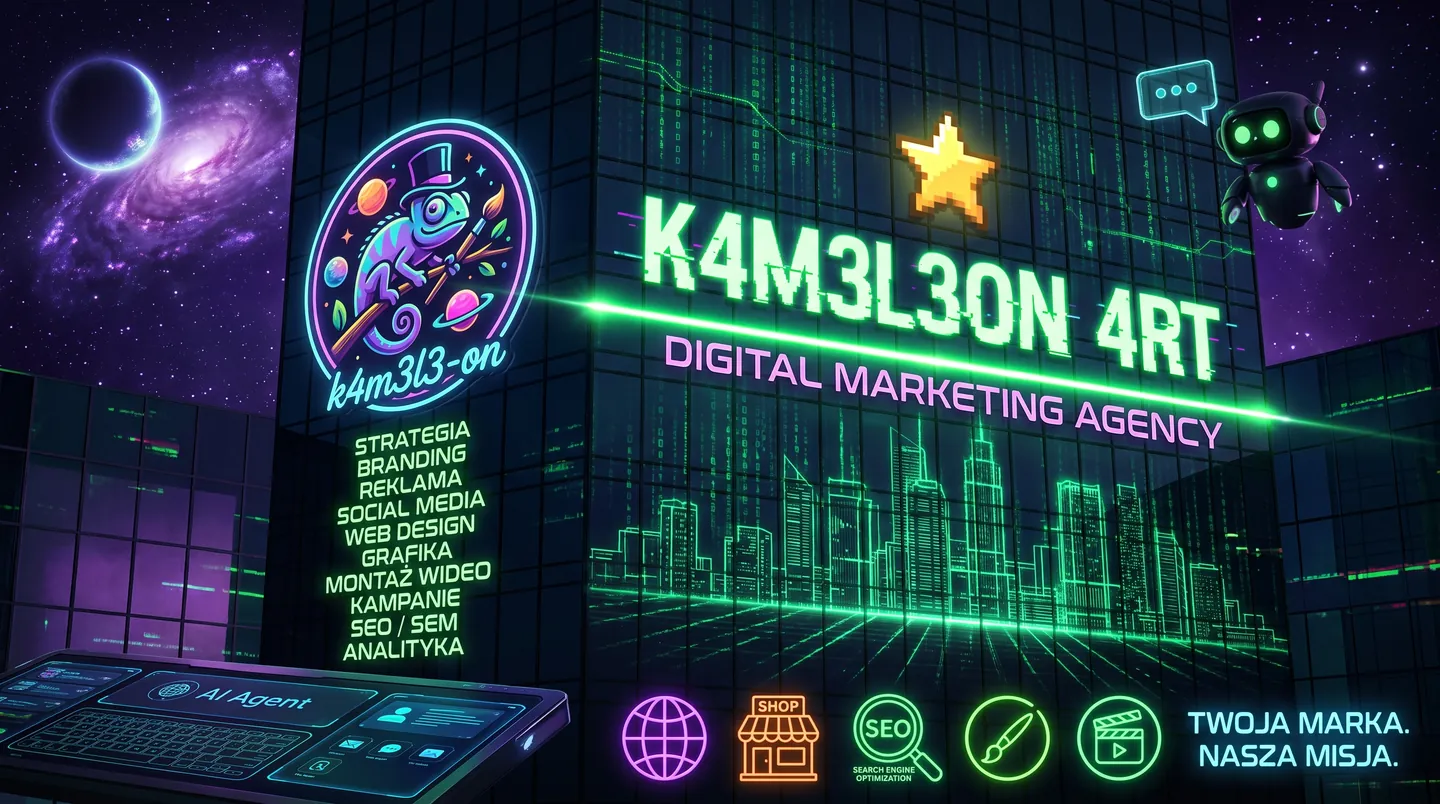 Plakat marki K4m3l3on Art — agencja marketingu cyfrowego, logo kameleona z paletą kolorów