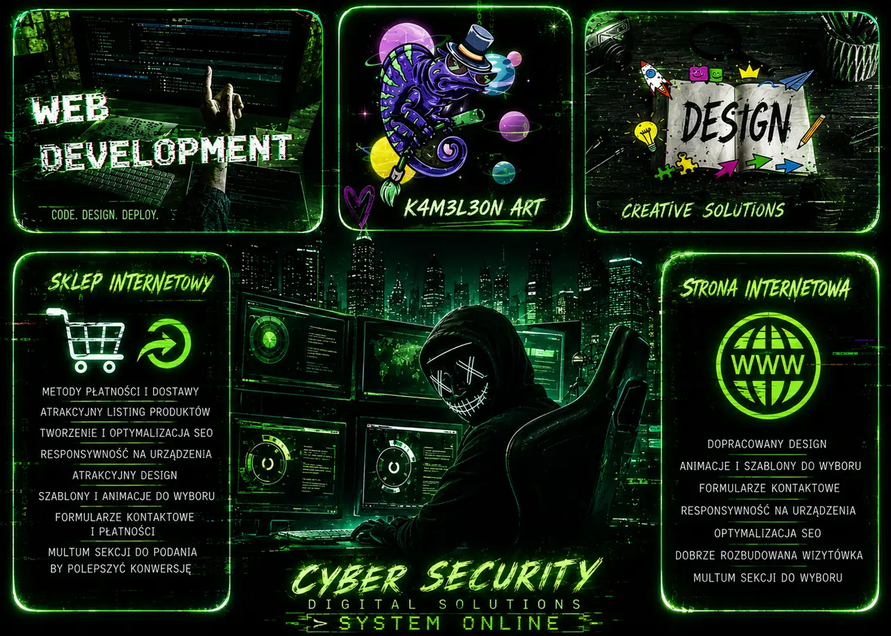 Kolaż zrealizowanych grafik: web development, sklep internetowy, strona internetowa