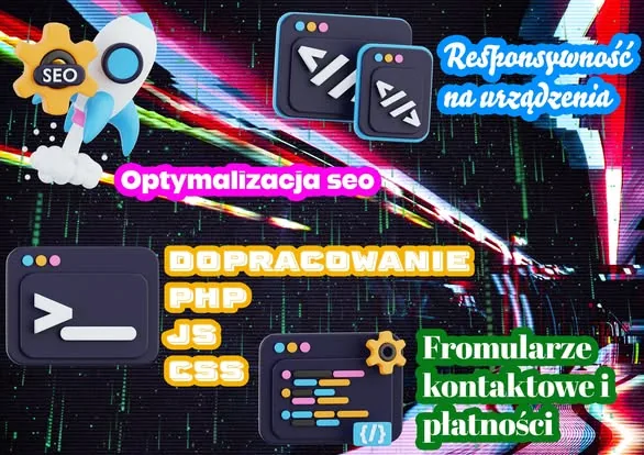 Kolaż ikon technologii: SEO, PHP, JavaScript, CSS, responsywność, formularze kontaktowe