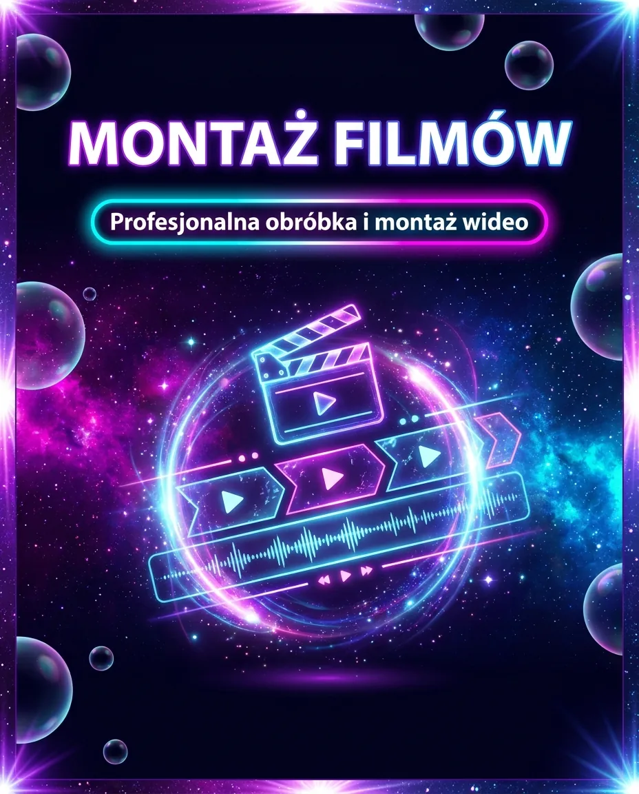 Grafika promocyjna usługi Montaż filmów — profesjonalna obróbka i montaż wideo