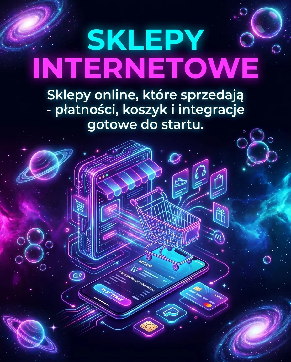 Grafika promocyjna usługi Sklepy internetowe — płatności, koszyk i integracje
