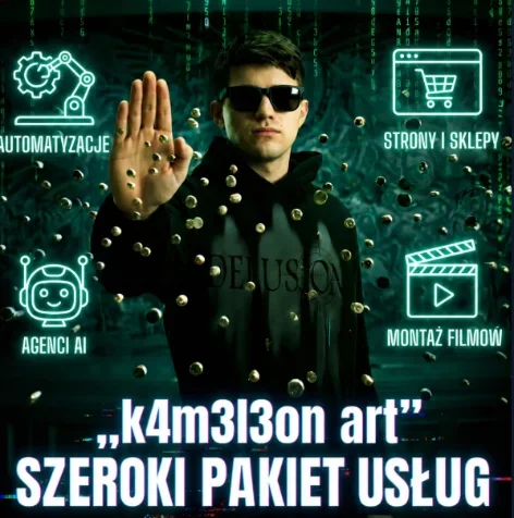 Kamil z K4m3l3on Art na tle cyfrowego deszczu — szeroki pakiet usług: automatyzacje, agenci AI, strony i sklepy, montaż filmów